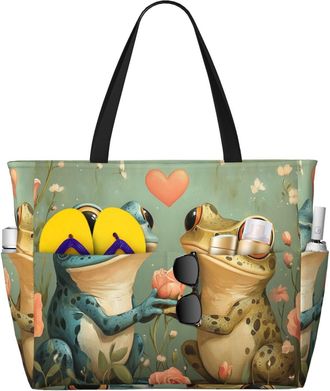 Generic Cute Frog Print Large Beach Bag Foldable Travel Shoulder Tote Bag With Pocket For Weekender Pool Vacation