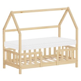 ML Design Ml-design Cama Infantil 70x140cm Natural, Con Colch&oacute;n, Protecci&oacute;n Antica&iacute;da, Techo Y Somier, Listones De Madera De Maciza De Pino Lecho Montessori For