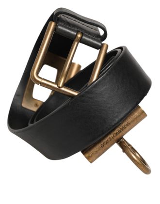 Dolce & Gabbana Black Leather Side Rings Brass Buckle Mens Belt
