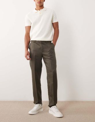 Mango Amalfi - Pantaloni da abito slim in 100% lino kaki in coordinato-Verde