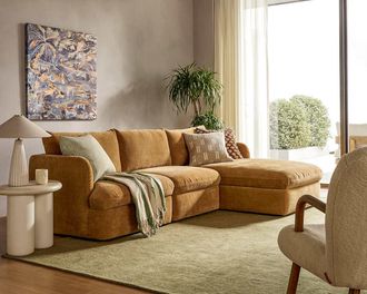 Castlery Ollie Storage Chaise Sectional Sofa, Right Facing, Mustard Brown, Removable Covers, Gaslift Storage