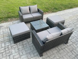 Fimous Rattan Garden Furniture Set 5 piece Patio Rattan Furniture Sofa Weaving Wicker includes 2 Double Seat Sofa, Coffee Table & 2 Big Footstool