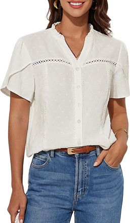 Grace Karin Ladies Button-Up Henley Shirt Swiss-Dot V-Neck Short Sleeve Dressy Tops Blouse Office Wear White M