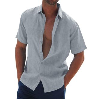 Generic Male Casual Solid Shirt Short Sleeve Turn Down Collar Shirt Button Formal Shirt Long Exercise Shirts Men Grey