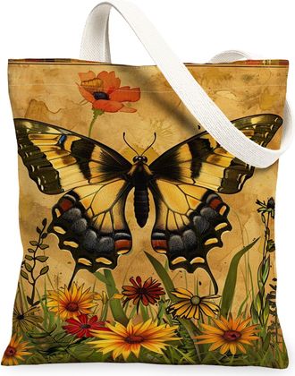 Generic Butterfly Floral Canvas Tote Bags, Vintage Flower Garden Pattern Reusable Grocery Bags, Lightweight Washable Shoulder Strap, Yellow, 13x15 Inch