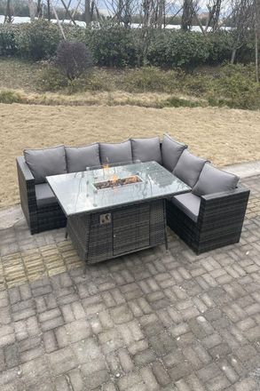 Fimous Outdoor Rattan Garden Corner Sofa Set Gas Fire Pit Table Sets Heater Lounge in Dark Grey