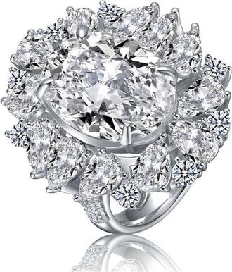 Rachel Glauber White Gold Plated with Clear Cubic Zirconia Oval Cocktail Snowflake Cluster Ring