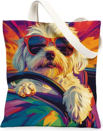 Generic Maltese Dog Canvas Tote Bag for Shopping 13x15, Pop Aesthetic Funky Puppy Reusable Grocery Print Pattern Bag for Women, Cool Pet Beach Aesthetic Paint