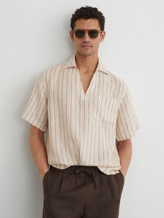 Reiss Oatmeal Brown Linen Pinstripe Open-collar Shirt, Xxl