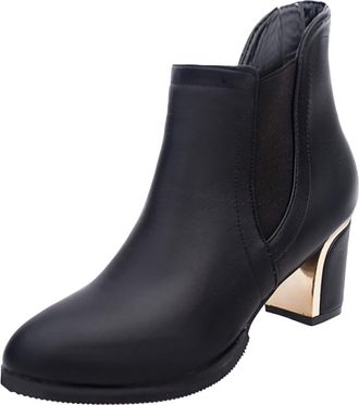 Generic Winter Women Ankle Boots Fashion Leather Solid Color Autumn Thick Sole Square Heels Slip On Round Toe Short Booties (Black, 5)