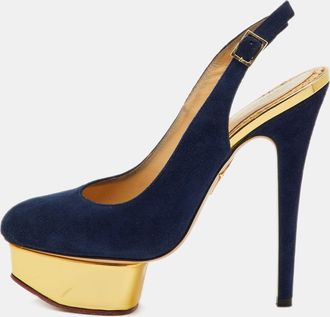 Charlotte Olympia Blue Suede Dolly Slingback Platform Pumps