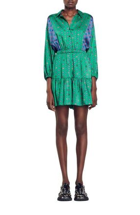 Sandro Edena Mixed Print Satin Shirtdress in Green/pink at Nordstrom, Size 42