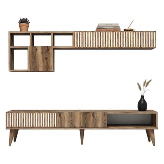 Dmora Pared Modular Domanico, Mueble De Sal&oacute;n, 11 Estantes, 4 Puertas, Color Nogal
