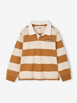 Vertbaudet Gestreiftes Jungen Langarm-Poloshirt mit Kontrast-Kragen ocker