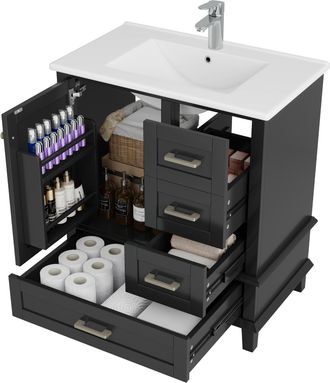 STILVORA Mueble Bajo Lavabo Con 1 Puerta, 3 Cajones, Estante Ajustable Y Lavabo De Cer&aacute;mica, Ba&ntilde;o, 76&times;45.5&times;83.5 Cm