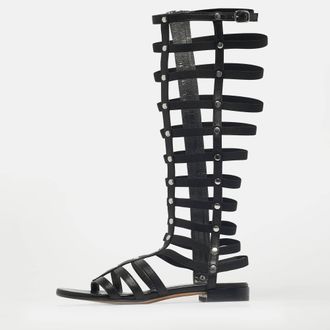 Stuart Weitzman Black Elastic And Leather Gladiator Flat Sandals