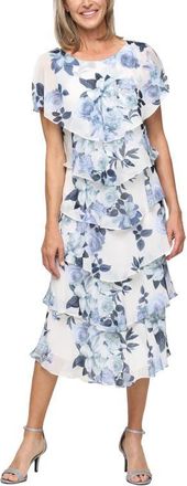 S.L. Fashions Floral Tiered Cocktail Midi Dress in Ivory/blue at Nordstrom, Size 18
