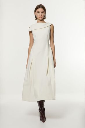 Karen Millen Womens Compact Stretch Asymmetric Neck Tailored Full Skirted Dress - White - Size 10 UK
