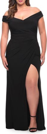 La Femme Matte Jersey Long Plus Dress with Ruching and Slit in Black at Nordstrom, Size 20W