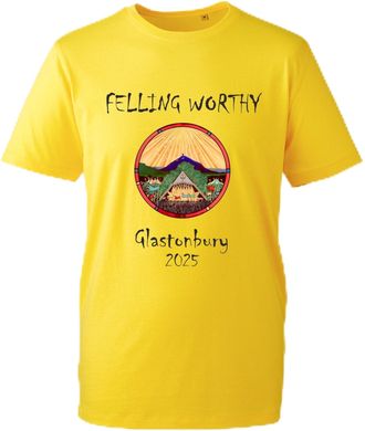 Generic Felling Worthy Glastonbury 2025 T-Shirt - UK Music Festival Tee - Pyramid Stage Graphic Shirt - Worthy Farm Festival Souvenir (Yellow, XL Years)