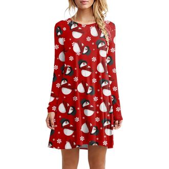 Generic Dresses for Women UK Womens Christmas Party Dress Xmas Print Casual Midi Dress Round Neck Long Sleeve Shirt Pleated Loose Swing Tops