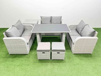 Fimous 8 Seater Patio Garden Furniture Sets with Side Table 2 Small Stool in Light Grey