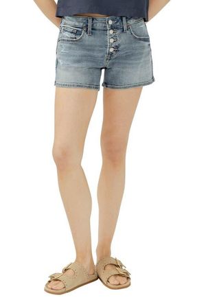 Silver Jeans Co Exposed Button Mid Rise Denim Boyfriend Shorts in Summers Beach at Nordstrom, Size 31