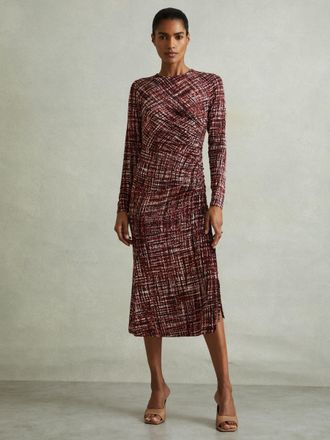 Reiss Womens Red & White Printed Ruched Midi Dress, Size: 6