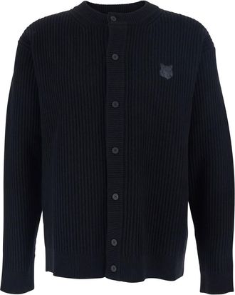 Maison Kitsuné Black Ribbed Crew Neck Sweater With Front Logo Patch In Cotton Man