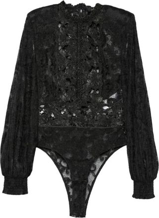 BABYLON Body met geborduurde kant en hoge hals - Dames - Bodies - Zwart - 3XL - Tops