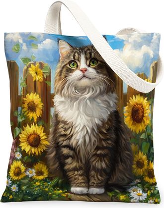 Generic Spring Siberian Cat Canvas Tote Bag for Shopping 13x15, Sunflower Fence Kitten Reusable Grocery Print Bag for Women, Farmhouse Pet Beach Aesthetic Pai