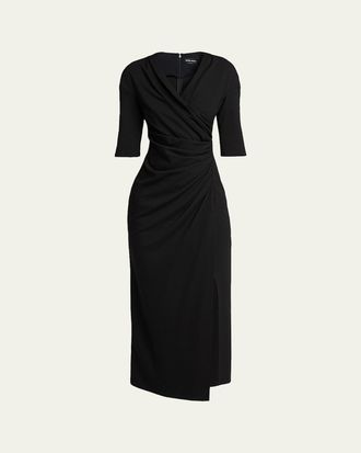 Giorgio Armani Elbow-Sleeve Draped Crepe Slit Midi Dress