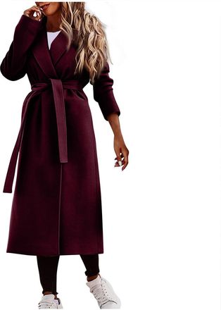Generic Ladies Coats Wool Blend Notched Lapel Open Front Long Overcoat With Tie Waist Side Pockets Warm Jacket for Autumn Winter Office Styling Casual Comfort