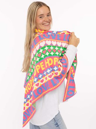 Zwillingsherz Dreieckstuch ZWILLINGSHERZ Jahrmarkt, Damen, bunt, Strick, Materialmix, gemustert, mehrfarbig, Modet&uuml;cher Dreieckstuch, Schriftzug, farbenfroh, w&auml;rmen