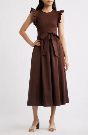 Anne Klein Ruffle Mixed Media Midi Dress in Dark Chocolate at Nordstrom, Size Xx-Small