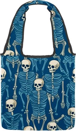 Generic Blue Background Skull Reversible Canvas Shoulder Tote - Double-Sided Print, 12oz Cotton, 27cm Drop, Fold-Flat Bag for Travel, Shopping, Street Outings