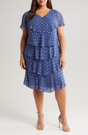 SLNY Foil Print Tiered Cocktail Dress in Wedgewood at Nordstrom, Size 14W