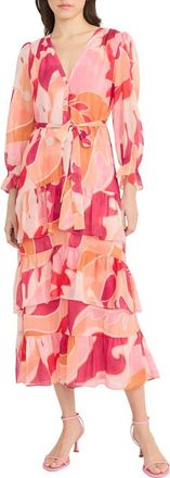 Donna Morgan Tie Waist Long Sleeve Tiered Maxi Dress in Cream/Magenta at Nordstrom Rack, Size 16