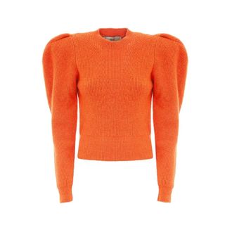 Akep Round-neck Knitwear, female, Orange, Size: XS Orange Ribbed Sweater with Balloon Sleeves