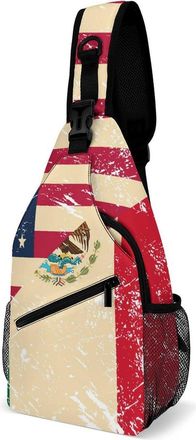 Generic U.S. And Mexican Vintage Flag Unisex Shoulder Bags Casual Crossbody Chest Bag Sling Backpack for Hiking Cycling Travel