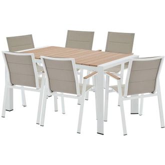 Vente-Unique Sala da pranzo da giardino in alluminio: un tavolo L.150 cm e 6 poltrone impilabili Naturale chiaro e bianco - LIOUS di MYLIA