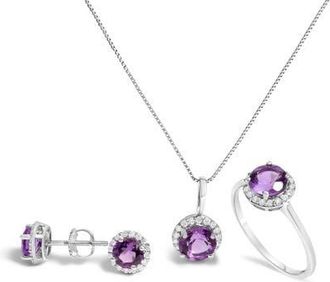 House of Brilliance 10K Gold Gemstone and 3/8 Cttw Diamond Halo Jewelry Set in White | Purple Amethyst at Nordstrom
