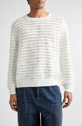 Maison Margiela Open Knit Stripe Cotton Crewneck Sweater in Off White at Nordstrom, Size X-Large