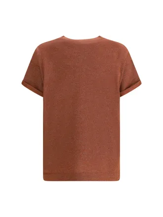 Brunello Cucinelli Womens Cashmere Glitter T-Shirt Fire Brick T-Shirts And Polos