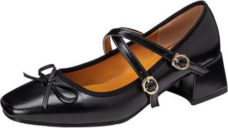 Generic Womens Square Toe PU Leather Mary Janes Low Block Heel Dress Pumps Cross Strap Party Prom Shoes with Buckle,Black,2.5 UK