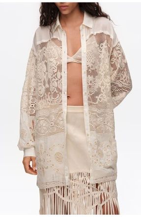 Bimba & Lola Oversize Lace Patchwork Shirt in Ecru at Nordstrom, Size X-Small