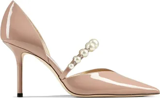 Jimmy Choo London Schoenen, Dames, Roze, 38 1/2 EU, Leer, Roze Parel Kristal Hak Pumps