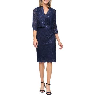S.L. Fashions Sequin Stretch Lace Sheath Sleeveless Dress with Jacket in Navy at Nordstrom, Size 10