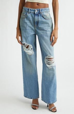 Area Crystal Ripped Relaxed Wide Leg Jeans in Medium Blue at Nordstrom, Size 29
