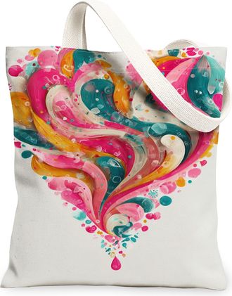 Generic Artistic Swirls Canvas Tote Bags, Colorful Abstract Design Reusable Grocery Bags, Chic Lightweight Washable Shoulder Strap, White, 13x15 Inch